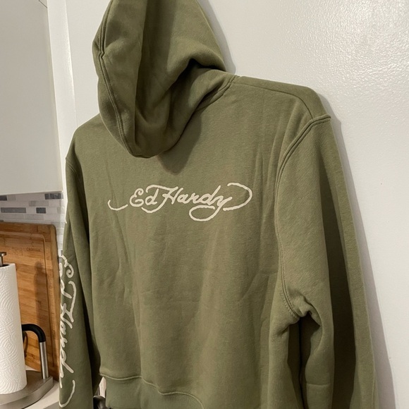 Ed Hardy lt olive long sleeve pullover hoodie double sided graphics XL New - Picture 9 of 11